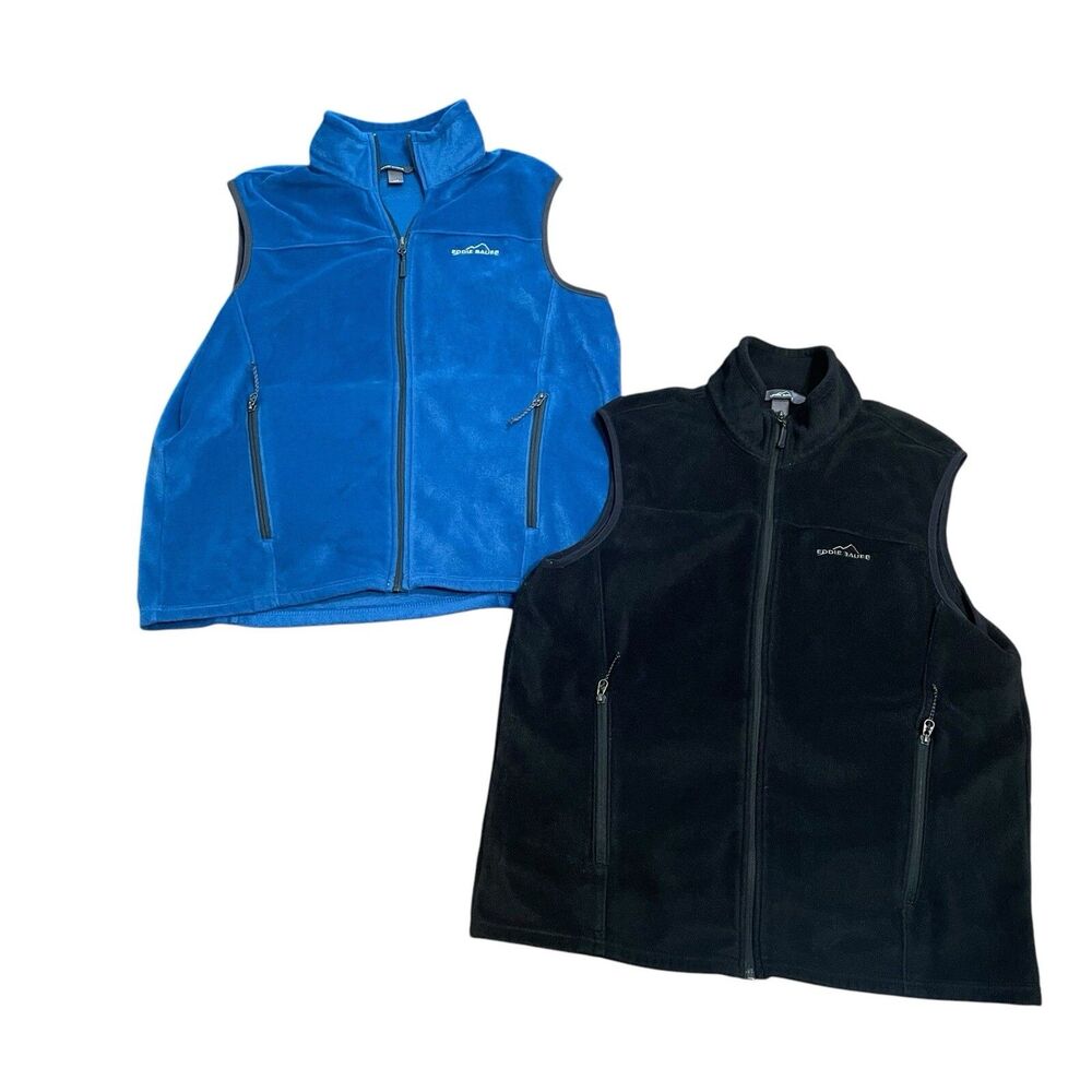 Eddie Bauer Lot Black Blue Fleece Vest Zip Up Sleeveless Size Large Pockets Logo